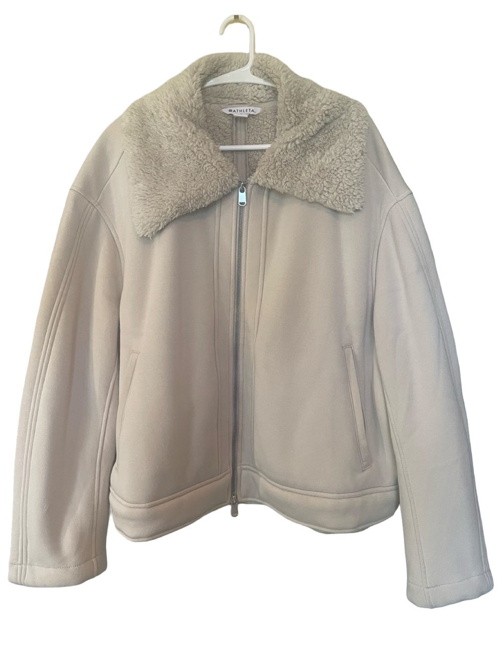Athleta Westbound Sherpa Jacket 1X Taupe Faux Shearling Zip Up Cozy Plus Size